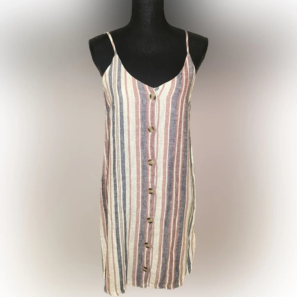 Thread & Supply Red White Blue Striped Rayon Linen Blend Dress XS N5